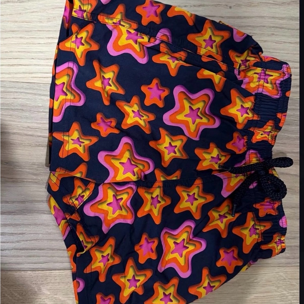 Vilebrequin Kids Swim Trunks in Navy with Pink, Orange & Yellow Star Pattern